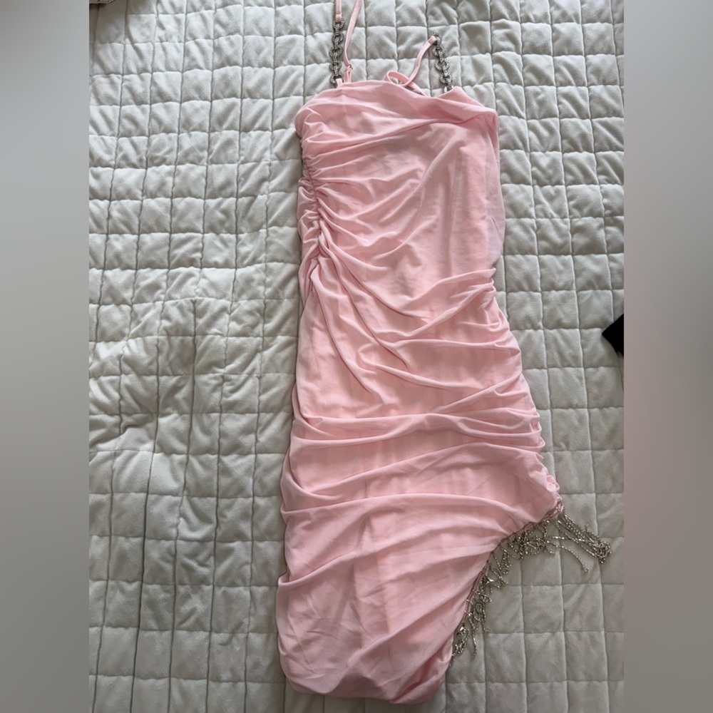 Pink Ruched Dress with Chain Straps